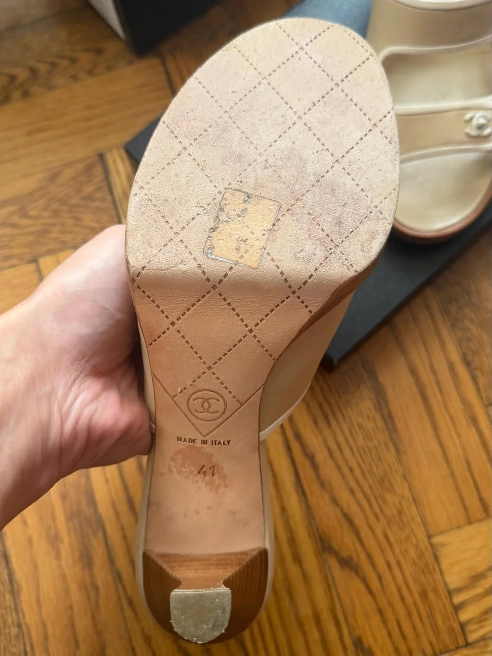 CHANEL Tan and Cream Double-Strap Slide Mules with CC Emblems